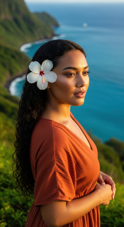 Beautiful pacific islander woman with a hibiscus flower in her hair, a serene portrait of a young lady enjoying the scenic coastal sunset.の素材