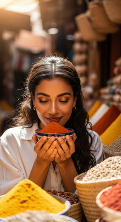 Beautiful Moroccan woman smelling aromatic spices in a traditional souk, a travel portrait of a young lady enjoying the vibrant market in Marrakech.の素材