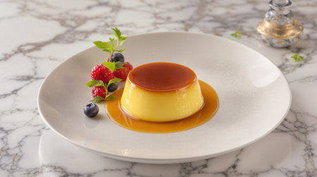 Indulge in a creamy dulce de leche flan topped with rich caramel sauce and accompanied by fresh berries. Perfect for dessert lovers.の素材