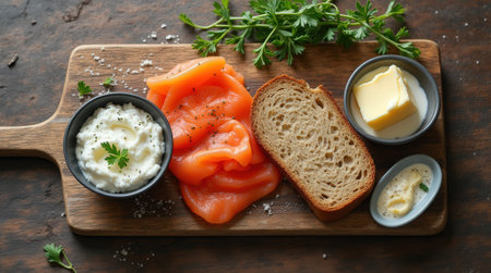 A classic Icelandic breakfast features smoked salmon, dark bread, creamy cheese, and butter arranged on a wooden serving board.の素材
