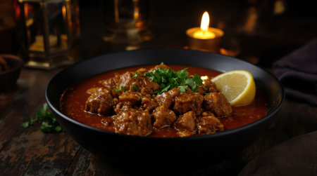 Savor the delicious Indian Rogan Josh adorned with fresh herbs and a slice of lemon, perfect for a comforting meal.の素材
