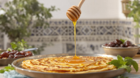 A Moroccan cook pours honey over freshly made msemen in a vibrant kitchen. The delicious dish is surrounded by fresh herbs and fruits.の素材