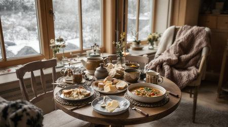 A beautifully arranged dinner table showcases farikal stew, bread, and cheese in a cozy Norwegian home during winter.の素材