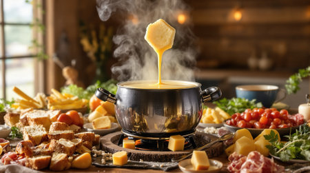 Melted cheese is elegantly pulled from a pot of Swiss fondue, surrounded by fresh bread and garnishes in a warm, cozy atmosphere.の素材