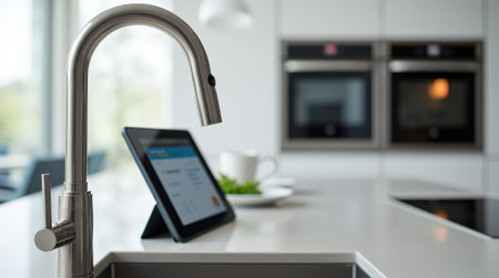 A contemporary kitchen showcases a stylish faucet alongside a tablet displaying recipes, enhancing culinary activities.の素材