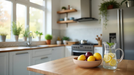 A kitchen filled with natural light features a wooden counter showing a bowl of fruits and a jug of infused lemon water.の素材