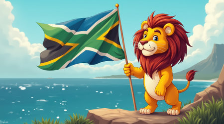 A colorful cartoon lion stands on a rocky shore, waving the South African flag against a vibrant ocean backdrop.の素材