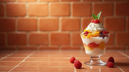 Brightly colored tropical fruits and sweet cream create a visually appealing Halo Halo dessert in a glass bowl, perfect for warm days.の素材