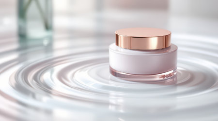 A delicate cream jar sits on a smooth, rippling water surface, evoking a sense of calm and beauty in a serene environment.の素材