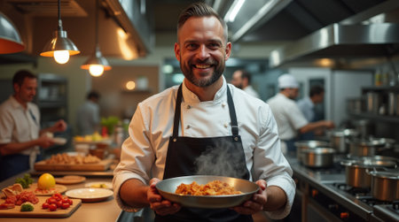 A chef smiles proudly while holding a steaming dish in a busy kitchen, where other cooks are actively preparing meals.の素材