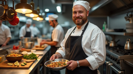 Chefs collaborated in a vibrant kitchen, expertly preparing dishes and enhancing flavors for dinner service.の素材