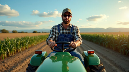 A farmer operates a green tractor navigating rows of growing corn under a colorful sunset sky in a vast field.の素材