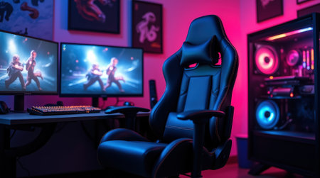 A sleek gaming chair is positioned in front of two large monitors displaying dynamic game content. The room is illuminated with colorful LED lights, creating an immersive atmosphere.の素材