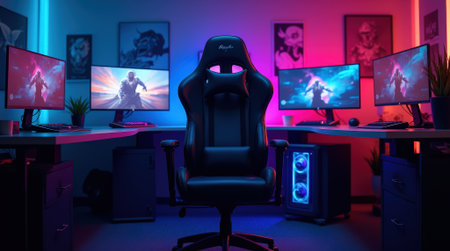A stylish gaming station showcases three screens displaying dynamic visuals, surrounded by neon lighting and a comfortable gaming chair. The vibrant atmosphere enhances the gaming experience.の素材