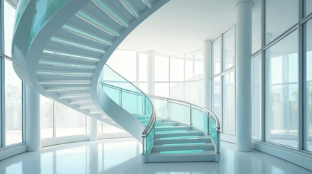 Spacious interior showcases a striking spiral staircase with translucent glass railings. Natural light floods the area, enhancing the modern design elements and ambiance.の素材