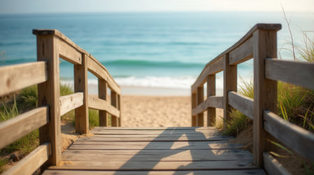 Wooden path leads through sandy dunes and lush greenery to serene beach with soft waves and clear skiesの素材