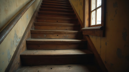 A worn wooden staircase rises towards a sunlit window, revealing aged craftsmanship and a nostalgic atmosphere.の素材