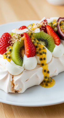 Delicious pavlova dessert with fresh tropical fruits, a meringue-based cake with a crispy crust. It is topped with cream, strawberry, and passionfruit.の素材