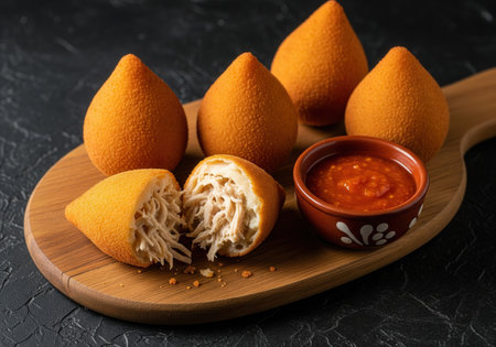 Traditional Brazilian coxinha, a popular savory snack of deep-fried croquettes filled with shredded chicken, served with a dipping sauce on a board.の素材