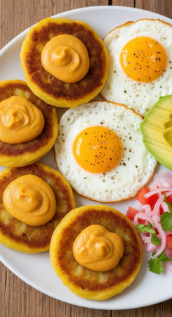 A plate of traditional Ecuadorian llapingachos, fried potato cakes topped with peanut sauce, served with fried eggs, avocado and a fresh onion salad.の素材