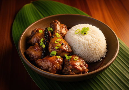 Traditional Filipino chicken adobo, a savory dish of chicken simmered in soy sauce, served with steamed rice and garnished with black peppercorns.の素材