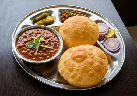 Traditional Indian chole bhature, a spicy chickpea curry with fried bread. This delicious meal is served on a thali platter with pickles and onions.の素材