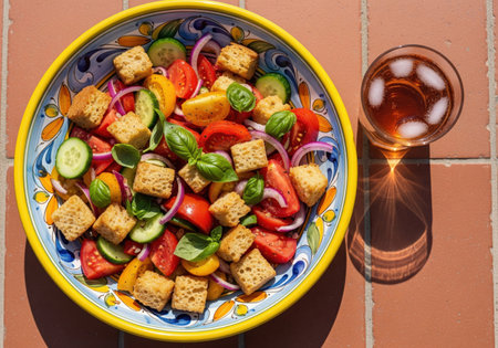 A delicious Tuscan Panzanella salad with fresh tomatoes, cucumbers, red onions, basil, and croutons, served in a colorful ceramic bowl.の素材