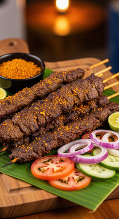 A delicious plate of Nigerian Suya, a popular street food. The spicy grilled beef skewers are coated in yaji spice and served on a banana leaf.の素材