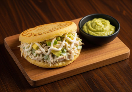 A traditional Venezuelan Reina Pepiada arepa. The cornmeal cake is stuffed with a delicious chicken and avocado salad with mayonnaise.の素材