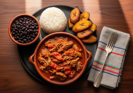 Traditional cuban ropa vieja with shredded beef, a classic comfort food dish. Served as a complete meal with white rice, black beans, and fried plantains.の素材