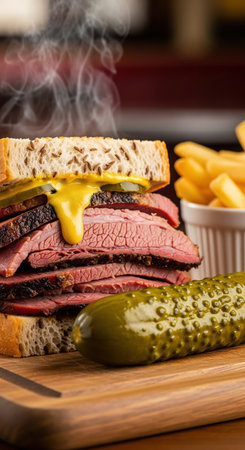 A steaming hot smoked meat sandwich, possibly pastrami, stacked high on rye bread with mustard and pickles, served with a side of crispy French fries.の素材