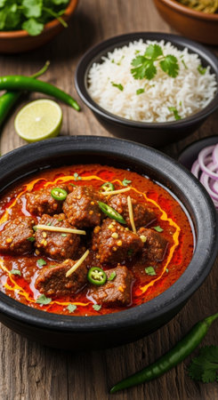 Traditional bangladeshi beef bhuna a spicy curry with fresh herbs, a slow-cooked dish with tender meat, served with basmati rice and lime.の素材