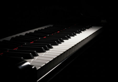 A close up of a grand piano keyboard with dramatic, elegant lighting. The black and white keys are on a dark background.の素材