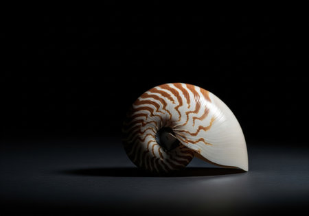 A dramatic photo of a single nautilus shell. Its spiral shape and striped pattern are highlighted on a dark background.の素材