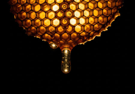 Golden honey dripping from a fresh honeycomb, a beautiful close-up of a natural sweet food isolated on a dark solid black background.の素材