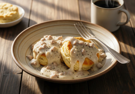 Classic southern biscuits and sausage gravy. A hearty American comfort food breakfast served with hot coffee in beautiful morning sunlight.の素材