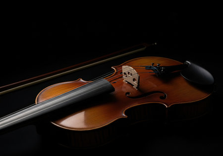An elegant still life of a classical wooden violin. The musical instrument and its bow are isolated on a black background.の素材