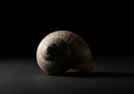 An empty snail shell on a dark background with dramatic lighting. The minimalist still life highlights its beautiful spiral texture and shape.の素材