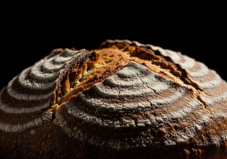 A close up of a freshly baked artisan sourdough bread loaf. The round, rustic bread has a beautiful, crispy crust and is on a black background.の素材