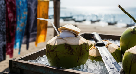 A fresh green coconut, opened for drinking with a straw. The refreshing tropical drink is in a crate with ice at a beach market stall.の素材