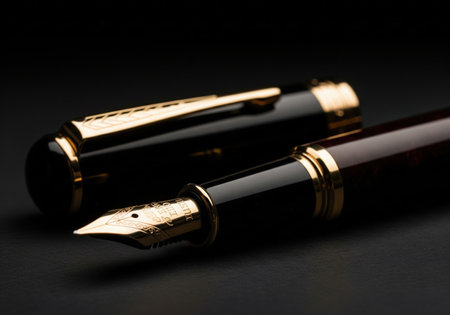 A close-up of a luxury fountain pen. The elegant writing instrument with its gold nib and cap is resting on a black background.の素材