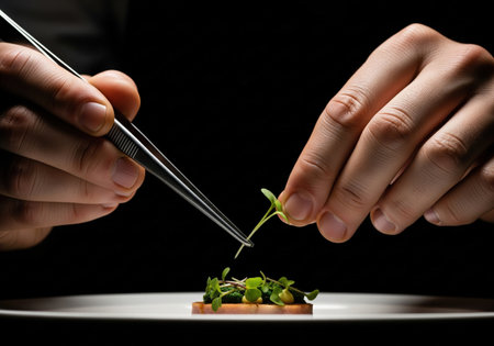A chef is decorating a gourmet appetizer with microgreens. They are using tweeters for precise plating in a fine dining restaurant.の素材