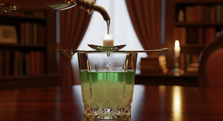 Traditional swiss absinthe being prepared with a fountain, a classic ritual of dripping cold water over a sugar cube to louche.の素材