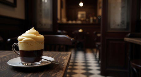 A traditional Vietnamese egg coffee, or Ca Phe Trung. A rich black coffee is topped with a creamy, sweet, whipped egg yolk foam.の素材