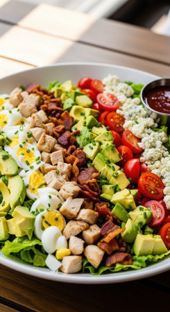 A delicious and healthy Cobb salad. The ingredients are arranged in neat rows on a bed of lettuce in a white bowl with a side of dressing.の素材