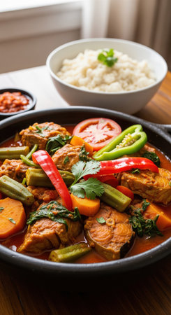 Traditional angolan calulu de peixe a fish stew with okra, sweet potato and fresh vegetables, served with rice and chili sauce.の素材