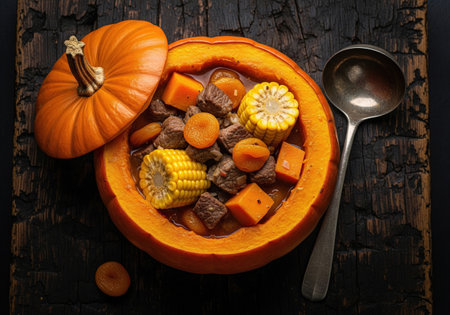 A delicious homemade carbonada criolla, a traditional Argentine beef stew. The meal is served inside a pumpkin bowl.の素材