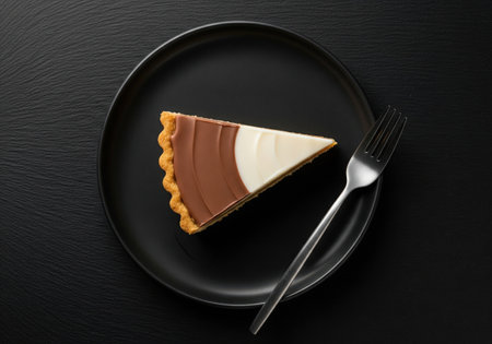 A slice of Australian neenish tart with its iconic two-tone icing. This classic dessert is elegantly presented on a black plate.の素材