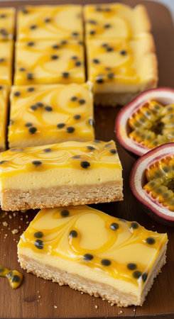 Traditional Australian passionfruit slice a dessert bar with a biscuit base. This popular treat has a creamy filling and a sweet passionfruit icing.の素材