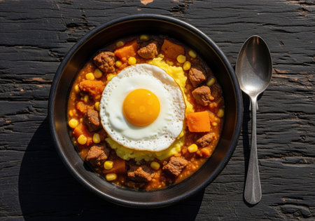 Traditional chilean charquican stew with beef, a hearty and classic comfort food. Topped with a sunny side up egg in a rustic bowl.の素材